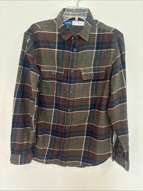 Old Navy Men's Brown and Green Plaid Button-Down Shirt